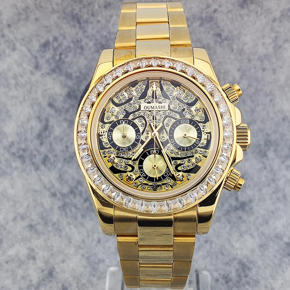 39.3mm Luxury men's Watch VK63 Dial Gemstone Men's Brand Chronograph VK63 sapphire glass Tiger diamond dial