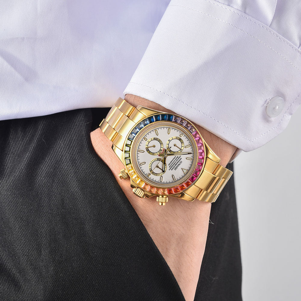 Mens Watches Luxury gemstone Bezel Men Mechanical Wristwatches Luxury Sapphire Glass Chronograph 4130 Watch Men Reloj Hombre