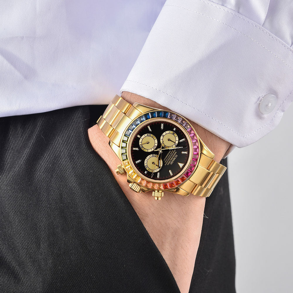 Mens Watches Luxury gemstone Bezel Men Mechanical Wristwatches Luxury Sapphire Glass Chronograph 4130 Watch Men Reloj Hombre