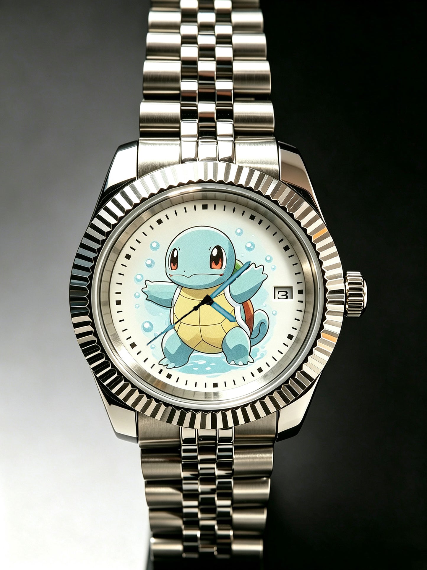 Handmade Custom Eeveelutions Automatic Watch with NH35 Mechanical Movement, Stainless Steel Fluted Bezel Jubilee Bracelet, Transparent Case Back Date Window Pokemon Fan Collectible Wristwatch for Anime Lovers