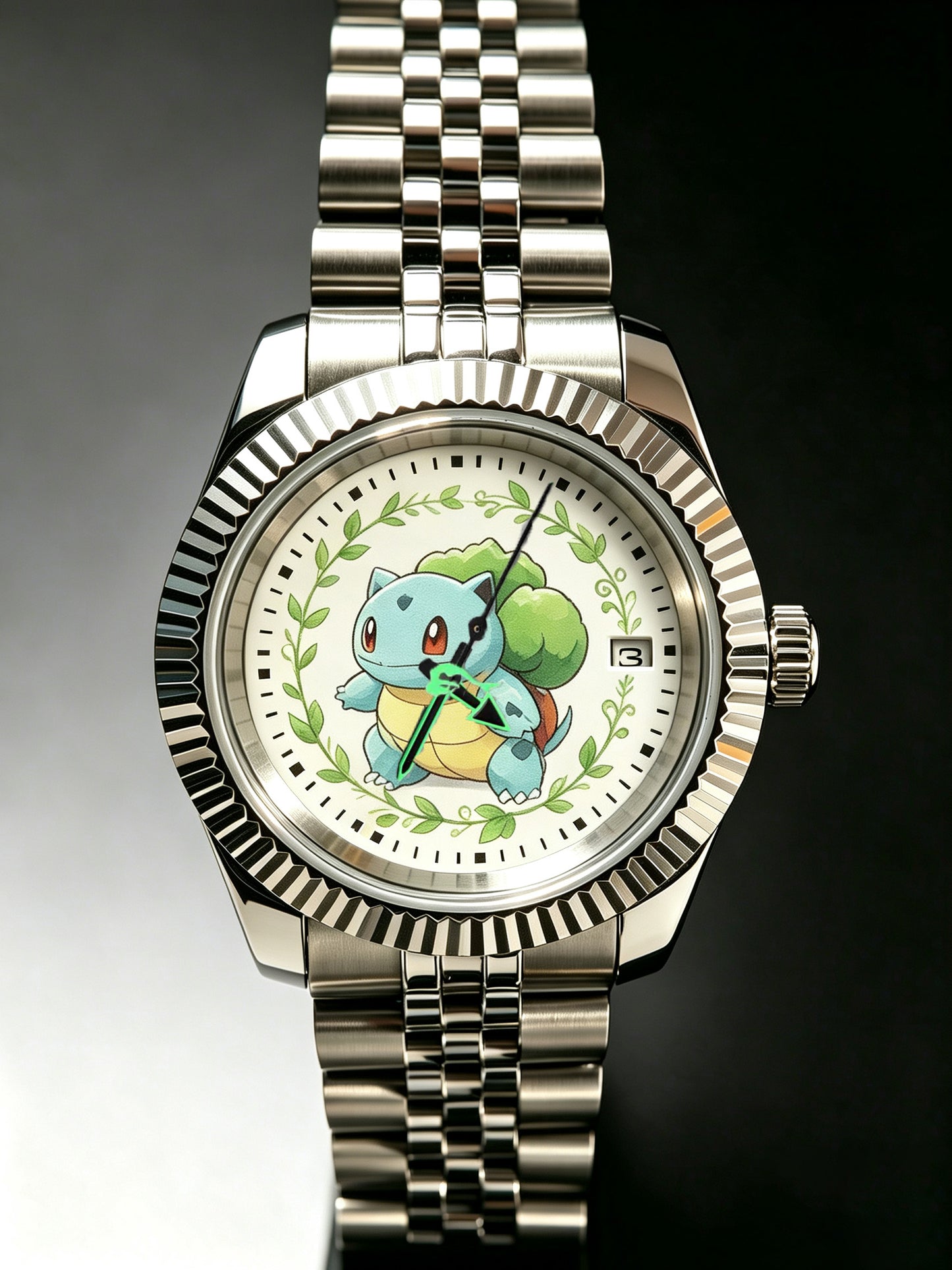 Handmade Custom Eeveelutions Automatic Watch with NH35 Mechanical Movement, Stainless Steel Fluted Bezel Jubilee Bracelet, Transparent Case Back Date Window Pokemon Fan Collectible Wristwatch for Anime Lovers