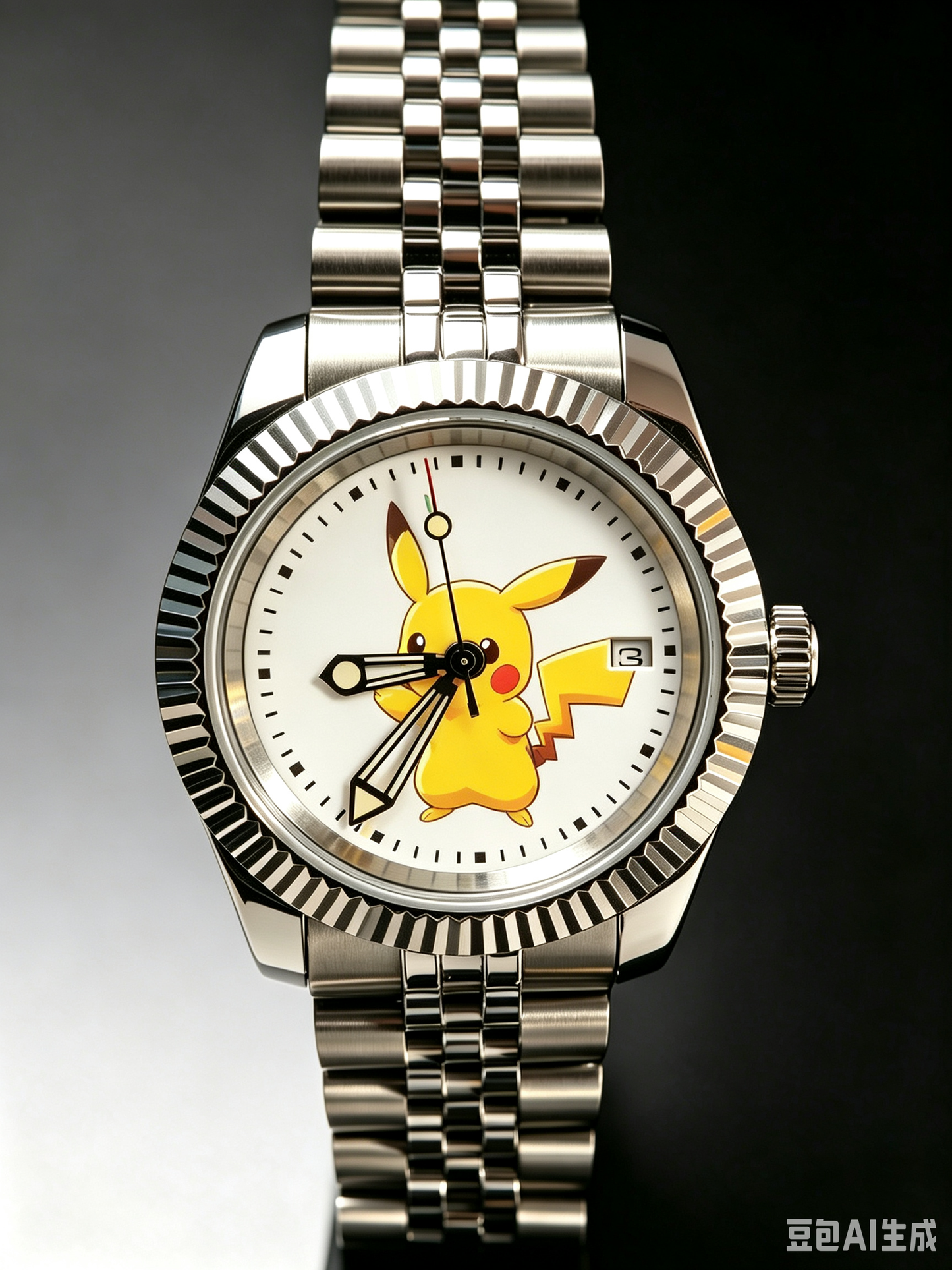 Handmade Custom Eeveelutions Automatic Watch with NH35 Mechanical Movement, Stainless Steel Fluted Bezel Jubilee Bracelet, Transparent Case Back Date Window Pokemon Fan Collectible Wristwatch for Anime Lovers