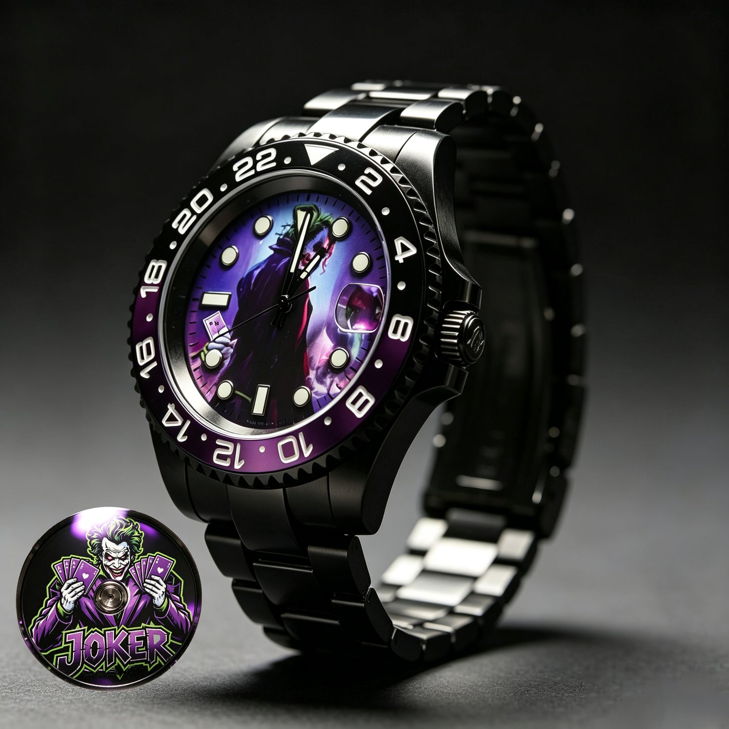Men's Joker Custom Mod Automatic Watch, Full Black Stainless Steel GMT Case, Purple Gradient Joker Art Dial, NH35 Self-Winding Mechanical Wrist Watch, Jubilee Black Steel Bracelet Collectible Timepiece