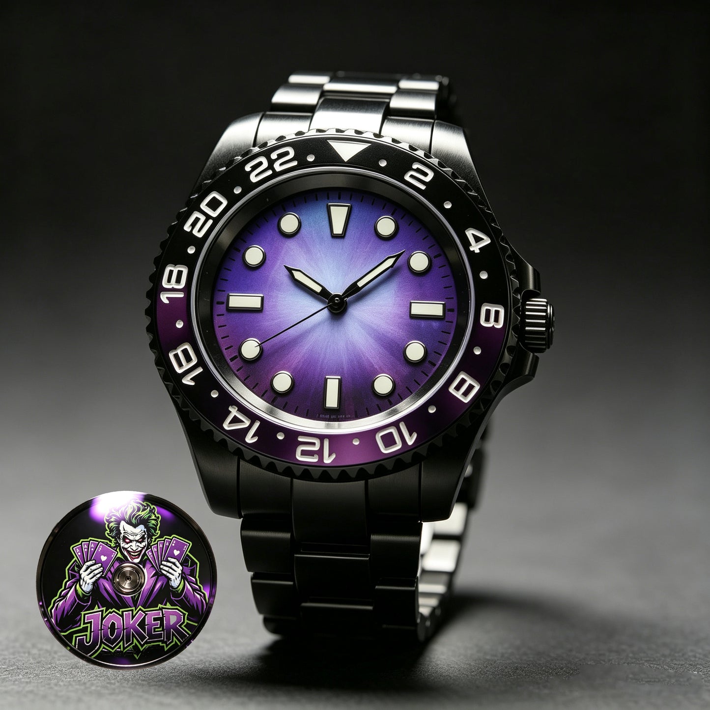 Men's Joker Custom Mod Automatic Watch, Full Black Stainless Steel GMT Case, Purple Gradient Joker Art Dial, NH35 Self-Winding Mechanical Wrist Watch, Jubilee Black Steel Bracelet Collectible Timepiece