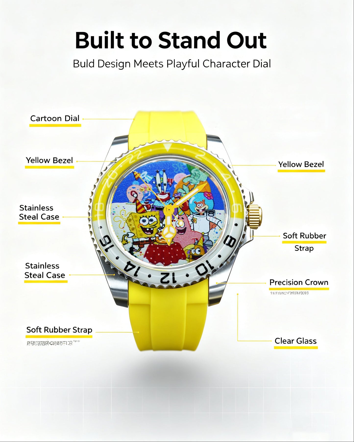 Handmade Custom SpongeBob Mechanical Dive Watch with NH35 Automatic Movement, Full Custom Bikini Bottom Cartoon Dial, Yellow Rubber Strap, Luminous Bezel, Engravable Case Back Bespoke Wristwatch For Anime Fans Limited Edition