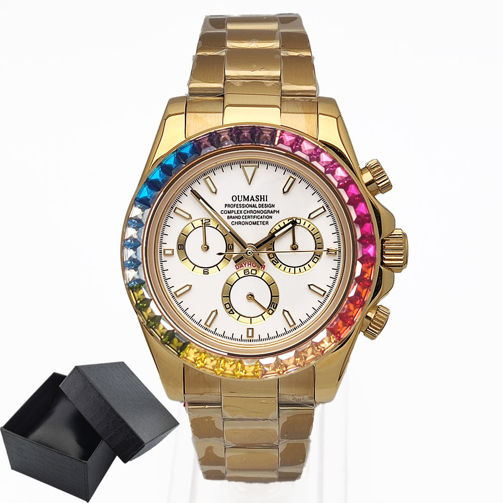 Mens Watches Luxury gemstone Bezel Men Mechanical Wristwatches Luxury Sapphire Glass Chronograph 4130 Watch Men Reloj Hombre