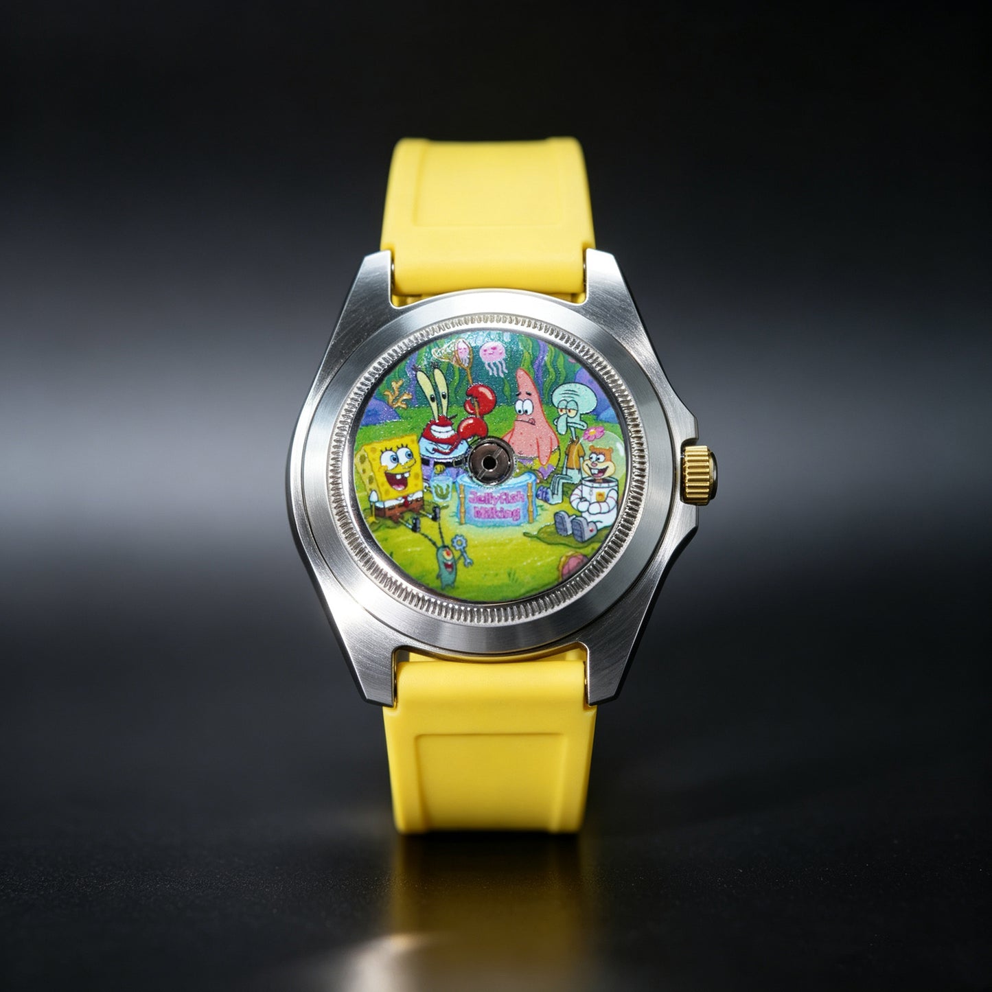 Handmade Custom SpongeBob Mechanical Dive Watch with NH35 Automatic Movement, Full Custom Bikini Bottom Cartoon Dial, Yellow Rubber Strap, Luminous Bezel, Engravable Case Back Bespoke Wristwatch For Anime Fans Limited Edition