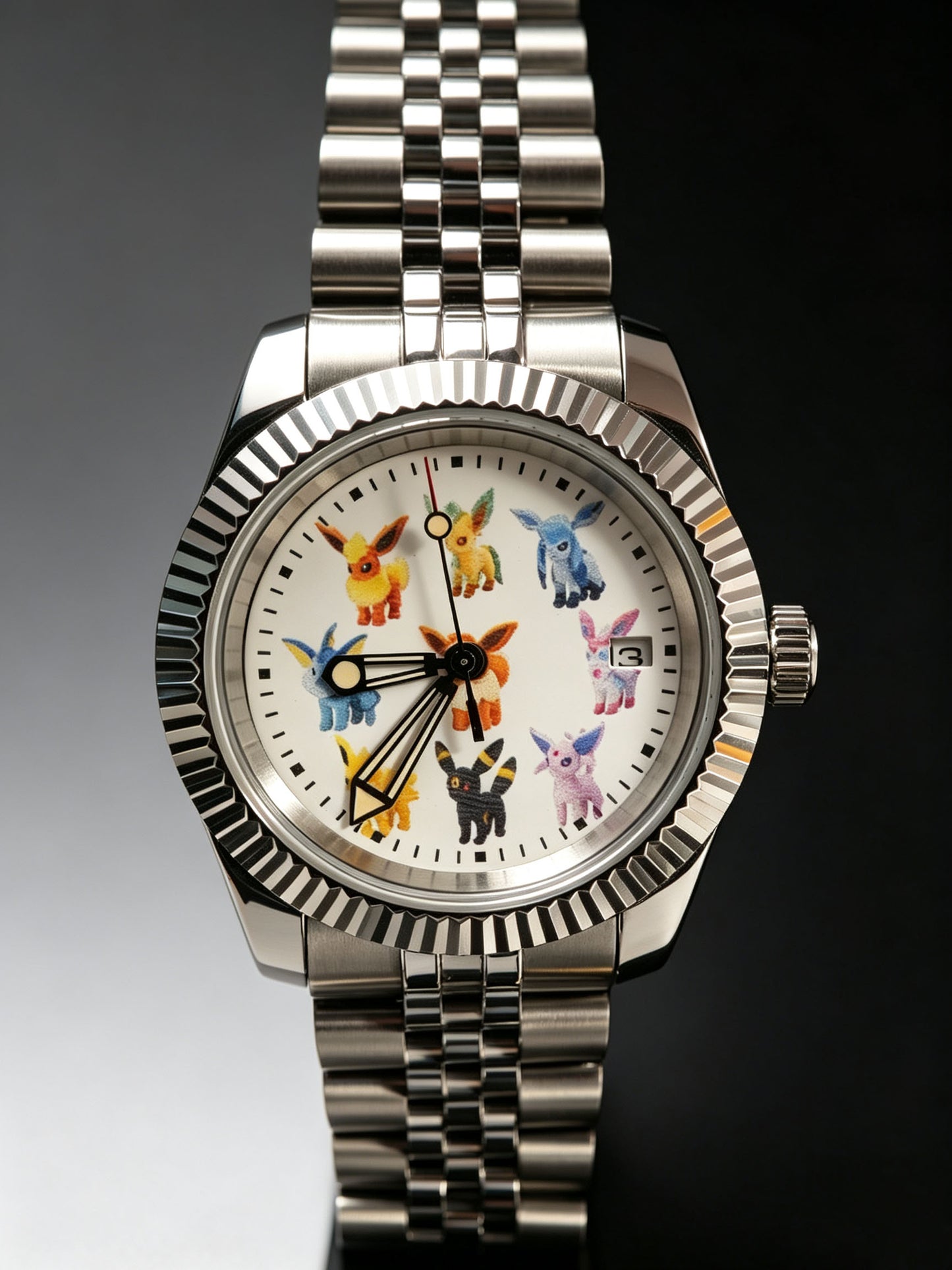 Handmade Custom Eeveelutions Automatic Watch with NH35 Mechanical Movement, Stainless Steel Fluted Bezel Jubilee Bracelet, Transparent Case Back Date Window Pokemon Fan Collectible Wristwatch for Anime Lovers