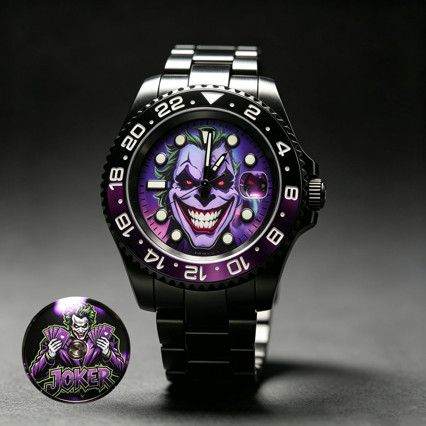 Men's Joker Custom Mod Automatic Watch, Full Black Stainless Steel GMT Case, Purple Gradient Joker Art Dial, NH35 Self-Winding Mechanical Wrist Watch, Jubilee Black Steel Bracelet Collectible Timepiece