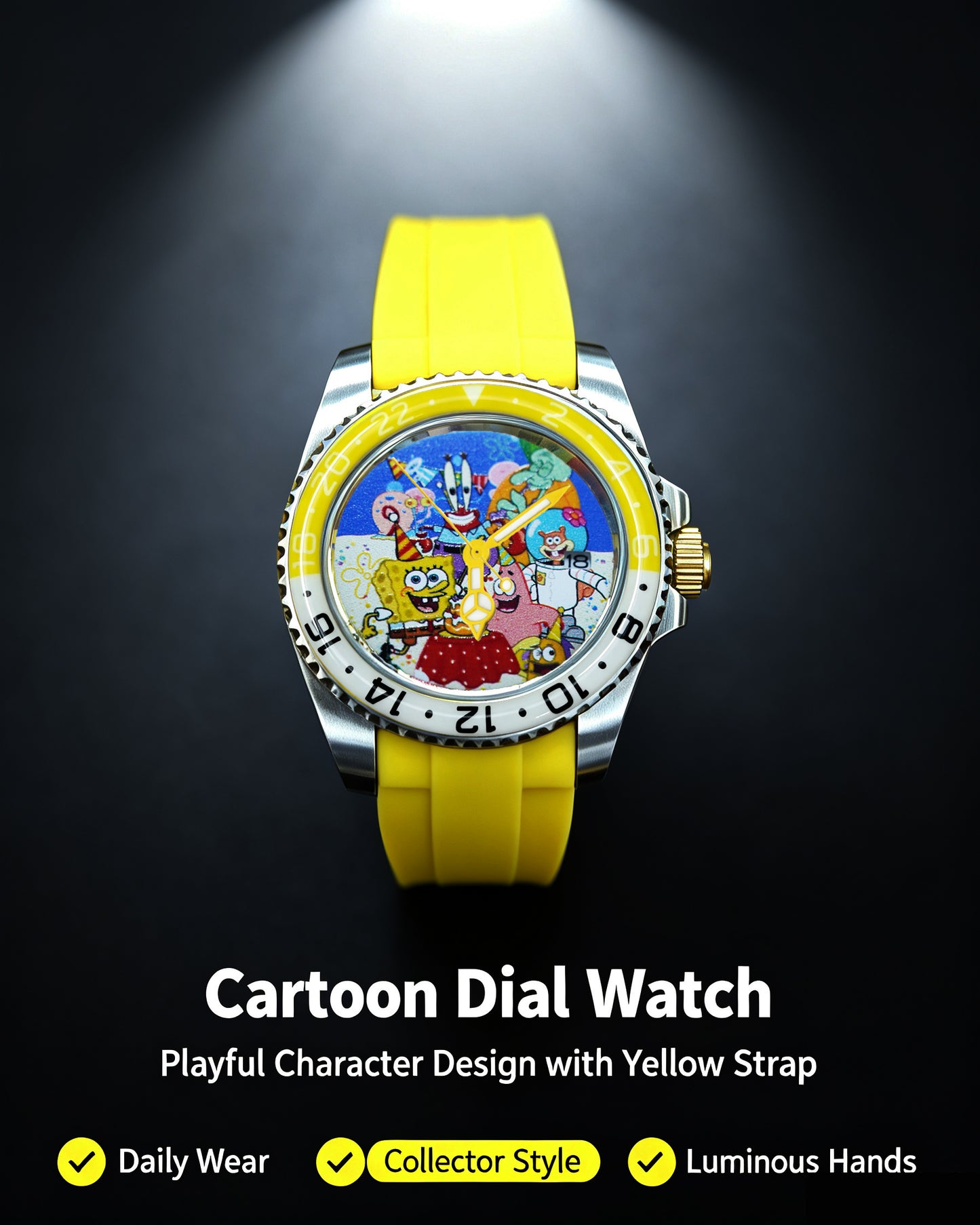 Handmade Custom SpongeBob Mechanical Dive Watch with NH35 Automatic Movement, Full Custom Bikini Bottom Cartoon Dial, Yellow Rubber Strap, Luminous Bezel, Engravable Case Back Bespoke Wristwatch For Anime Fans Limited Edition