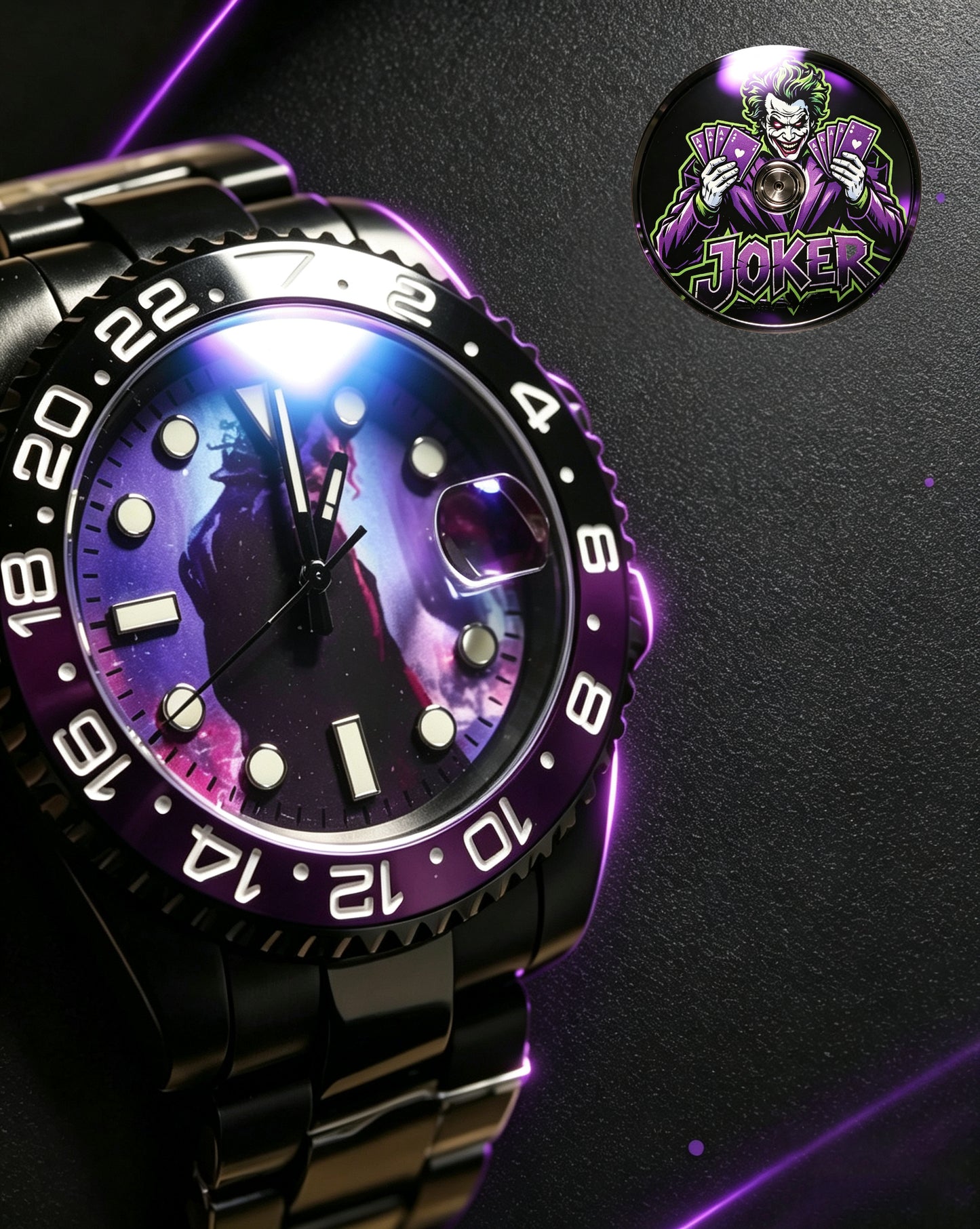 Men's Joker Custom Mod Automatic Watch, Full Black Stainless Steel GMT Case, Purple Gradient Joker Art Dial, NH35 Self-Winding Mechanical Wrist Watch, Jubilee Black Steel Bracelet Collectible Timepiece