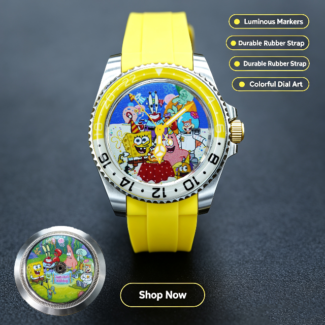 Handmade Custom SpongeBob Mechanical Dive Watch with NH35 Automatic Movement, Full Custom Bikini Bottom Cartoon Dial, Yellow Rubber Strap, Luminous Bezel, Engravable Case Back Bespoke Wristwatch For Anime Fans Limited Edition