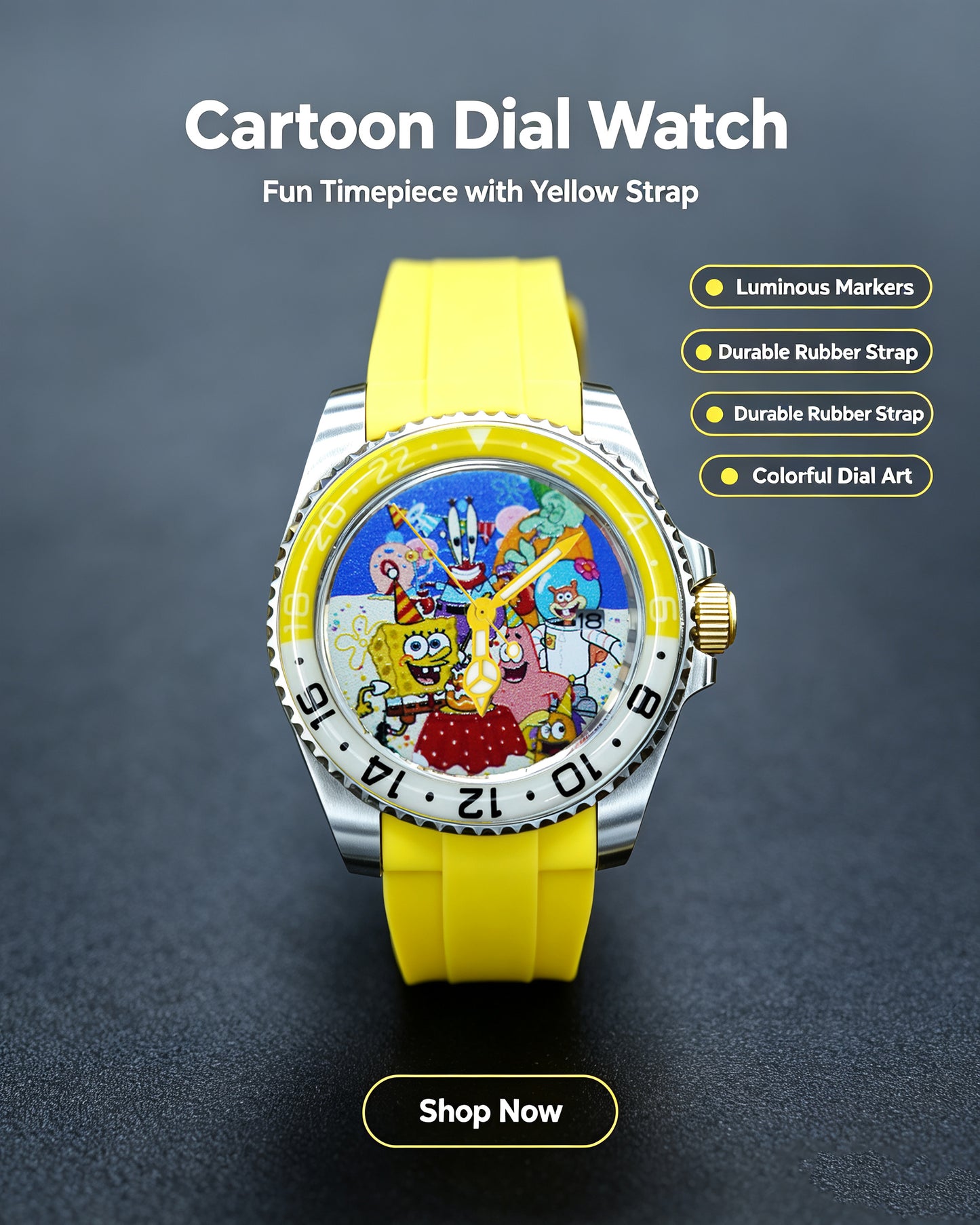 Handmade Custom SpongeBob Mechanical Dive Watch with NH35 Automatic Movement, Full Custom Bikini Bottom Cartoon Dial, Yellow Rubber Strap, Luminous Bezel, Engravable Case Back Bespoke Wristwatch For Anime Fans Limited Edition