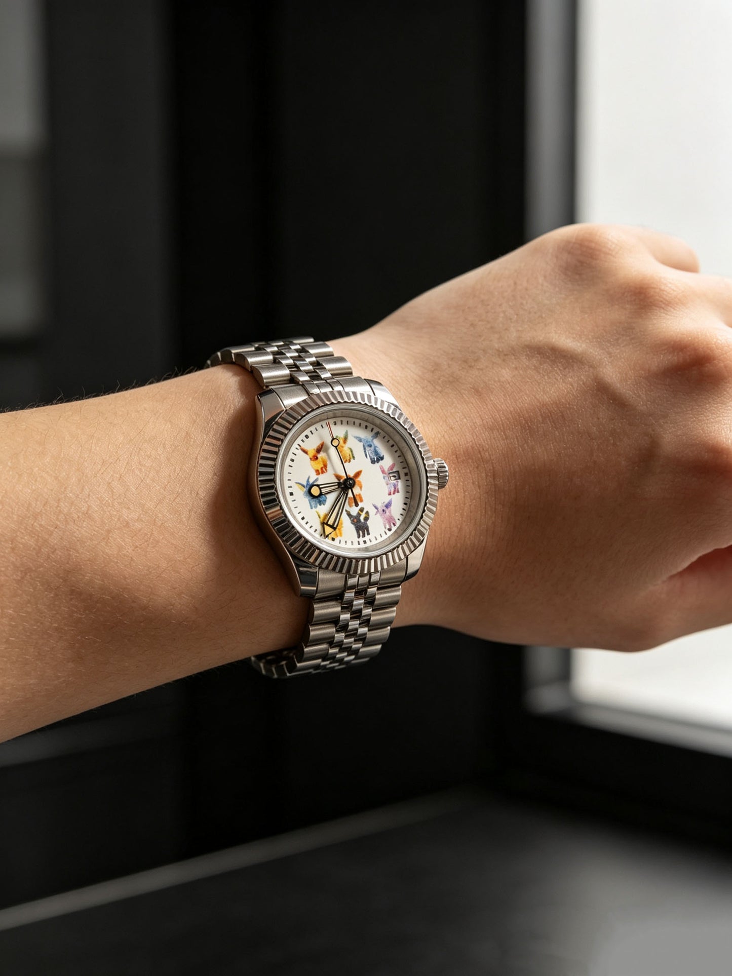 Handmade Custom Eeveelutions Automatic Watch with NH35 Mechanical Movement, Stainless Steel Fluted Bezel Jubilee Bracelet, Transparent Case Back Date Window Pokemon Fan Collectible Wristwatch for Anime Lovers