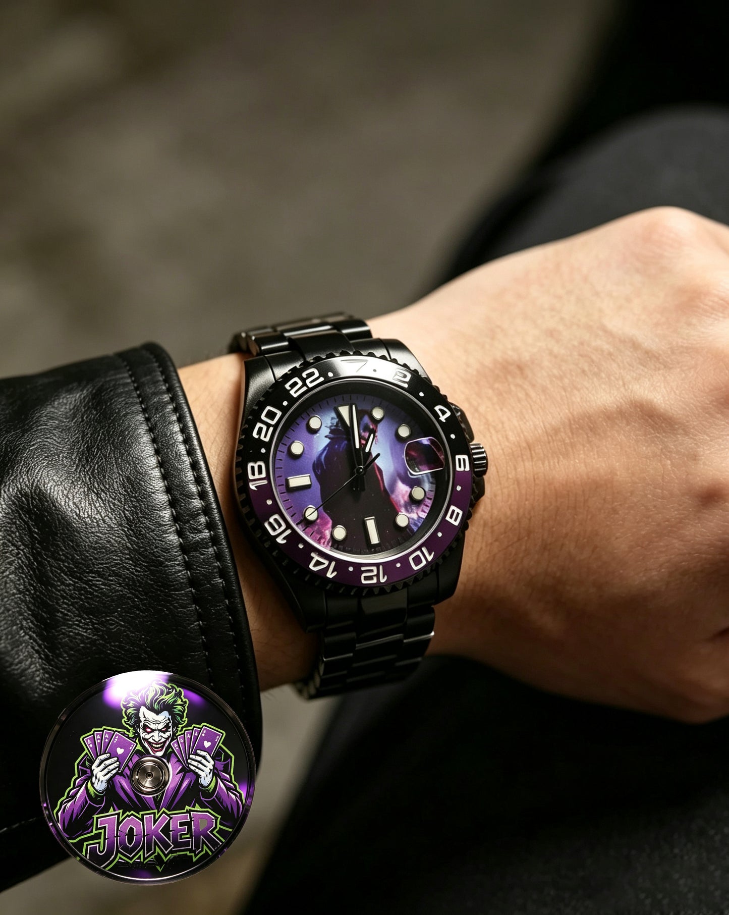 Men's Joker Custom Mod Automatic Watch, Full Black Stainless Steel GMT Case, Purple Gradient Joker Art Dial, NH35 Self-Winding Mechanical Wrist Watch, Jubilee Black Steel Bracelet Collectible Timepiece