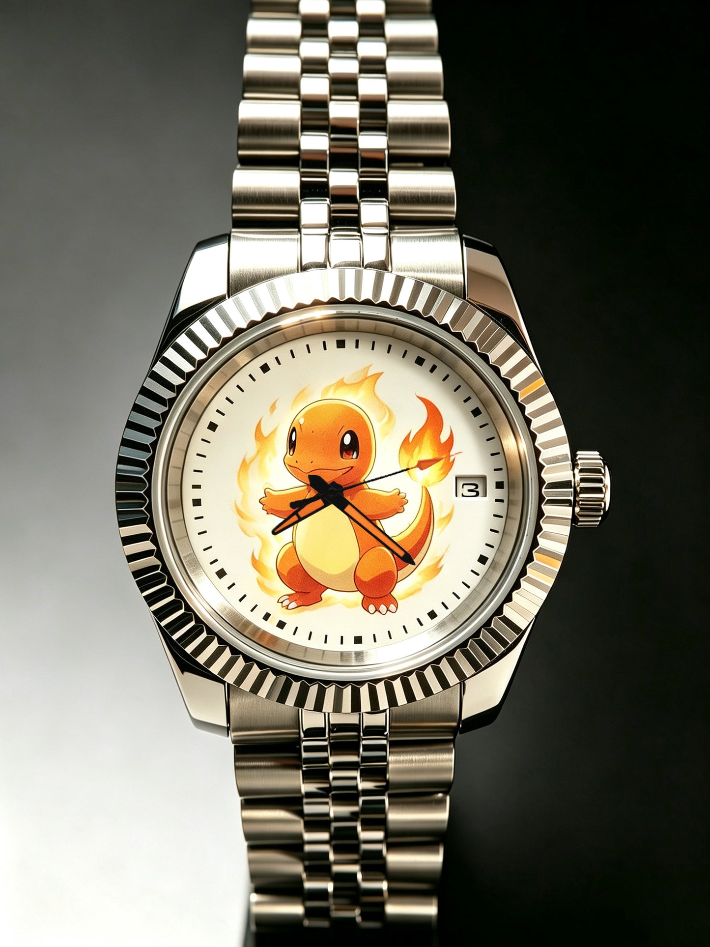 Handmade Custom Eeveelutions Automatic Watch with NH35 Mechanical Movement, Stainless Steel Fluted Bezel Jubilee Bracelet, Transparent Case Back Date Window Pokemon Fan Collectible Wristwatch for Anime Lovers