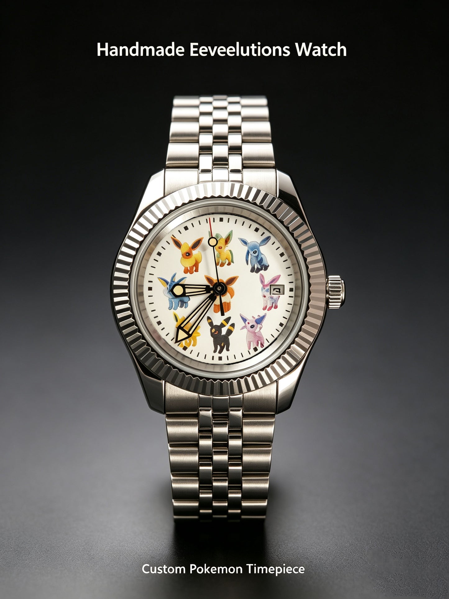 Handmade Custom Eeveelutions Automatic Watch with NH35 Mechanical Movement, Stainless Steel Fluted Bezel Jubilee Bracelet, Transparent Case Back Date Window Pokemon Fan Collectible Wristwatch for Anime Lovers