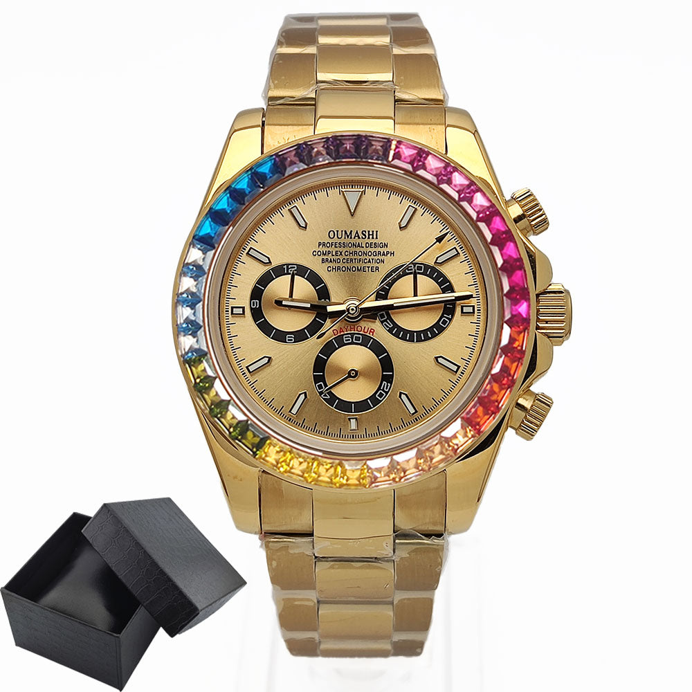 Mens Watches Luxury gemstone Bezel Men Mechanical Wristwatches Luxury Sapphire Glass Chronograph 4130 Watch Men Reloj Hombre