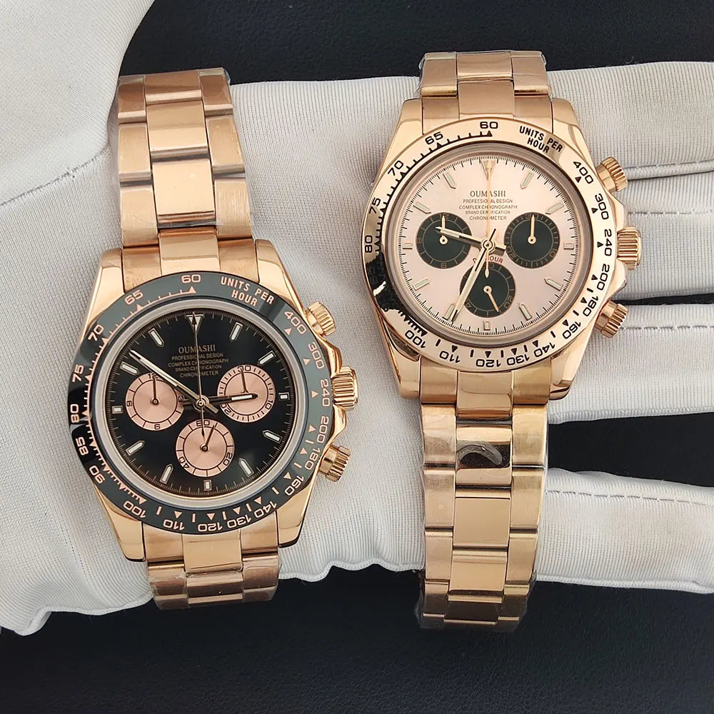 Men Automatic Watch 39mm 4130 watch Chronograph Mechanical Wristwatch Sapphire Triple Windows Waterproof Dandong 4130 rose gold