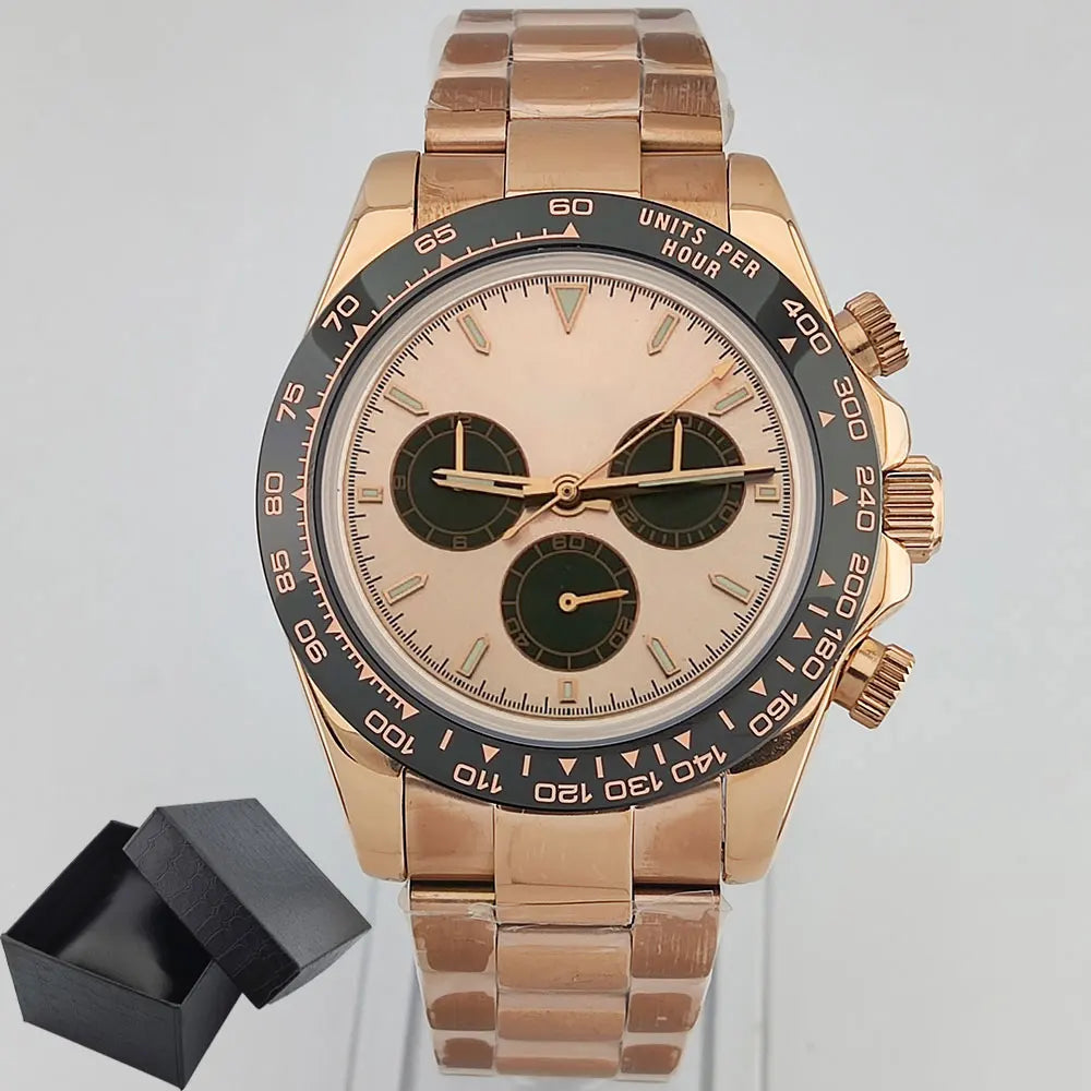 Men Automatic Watch 39mm 4130 watch Chronograph Mechanical Wristwatch Sapphire Triple Windows Waterproof Dandong 4130 rose gold