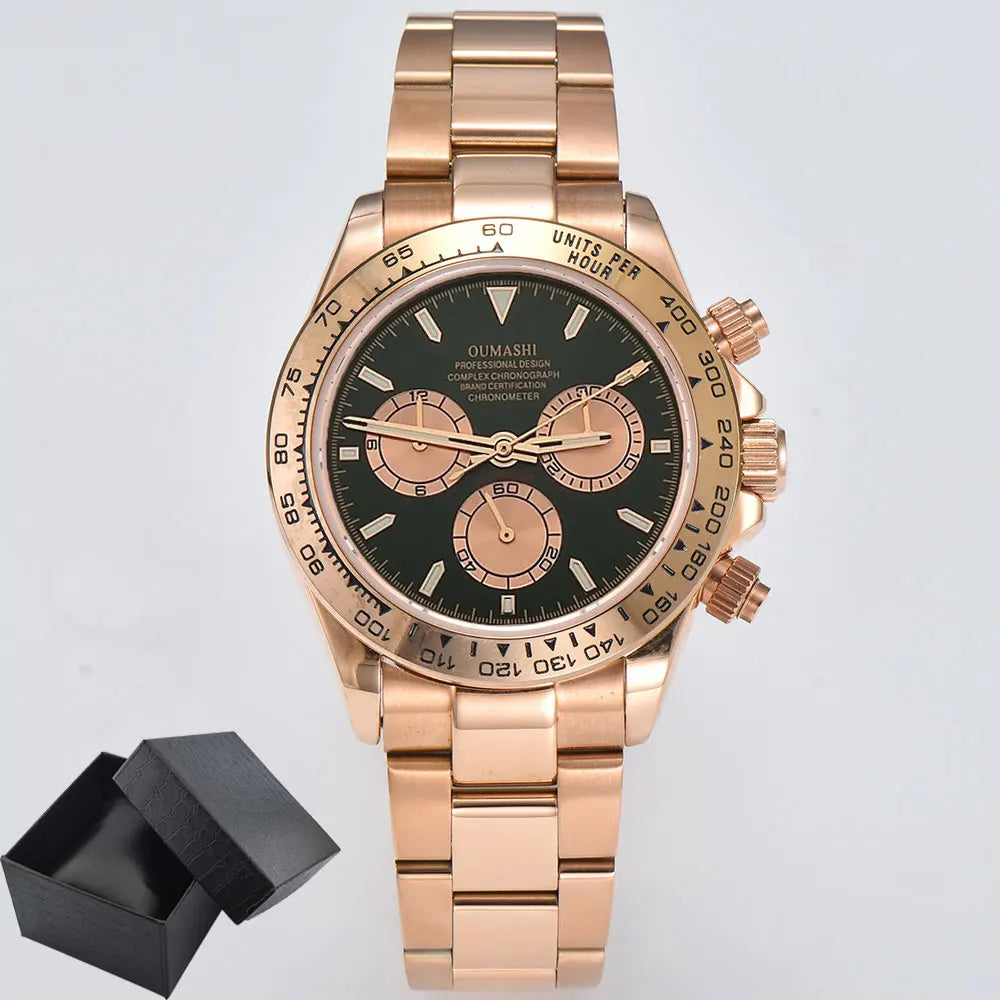 Men Automatic Watch 39mm 4130 watch Chronograph Mechanical Wristwatch Sapphire Triple Windows Waterproof Dandong 4130 rose gold