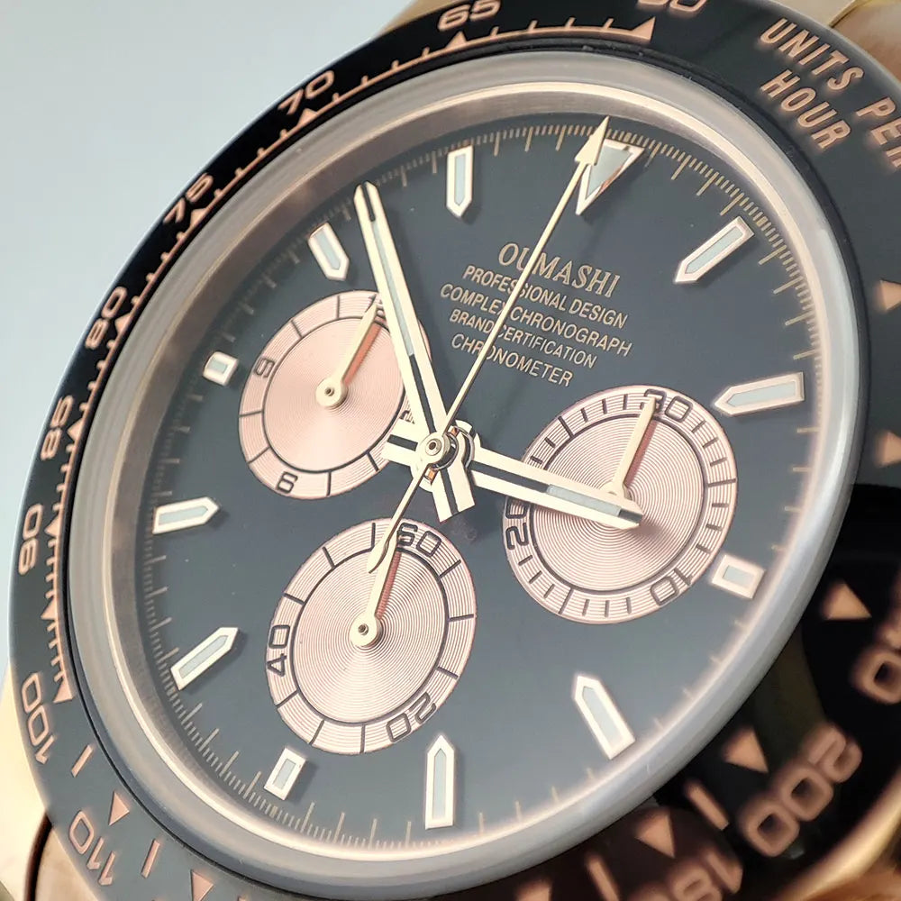Men Automatic Watch 39mm 4130 watch Chronograph Mechanical Wristwatch Sapphire Triple Windows Waterproof Dandong 4130 rose gold