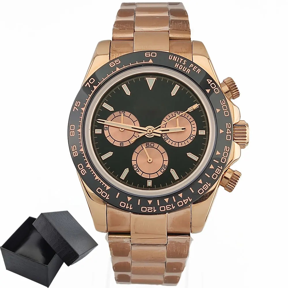 Men Automatic Watch 39mm 4130 watch Chronograph Mechanical Wristwatch Sapphire Triple Windows Waterproof Dandong 4130 rose gold
