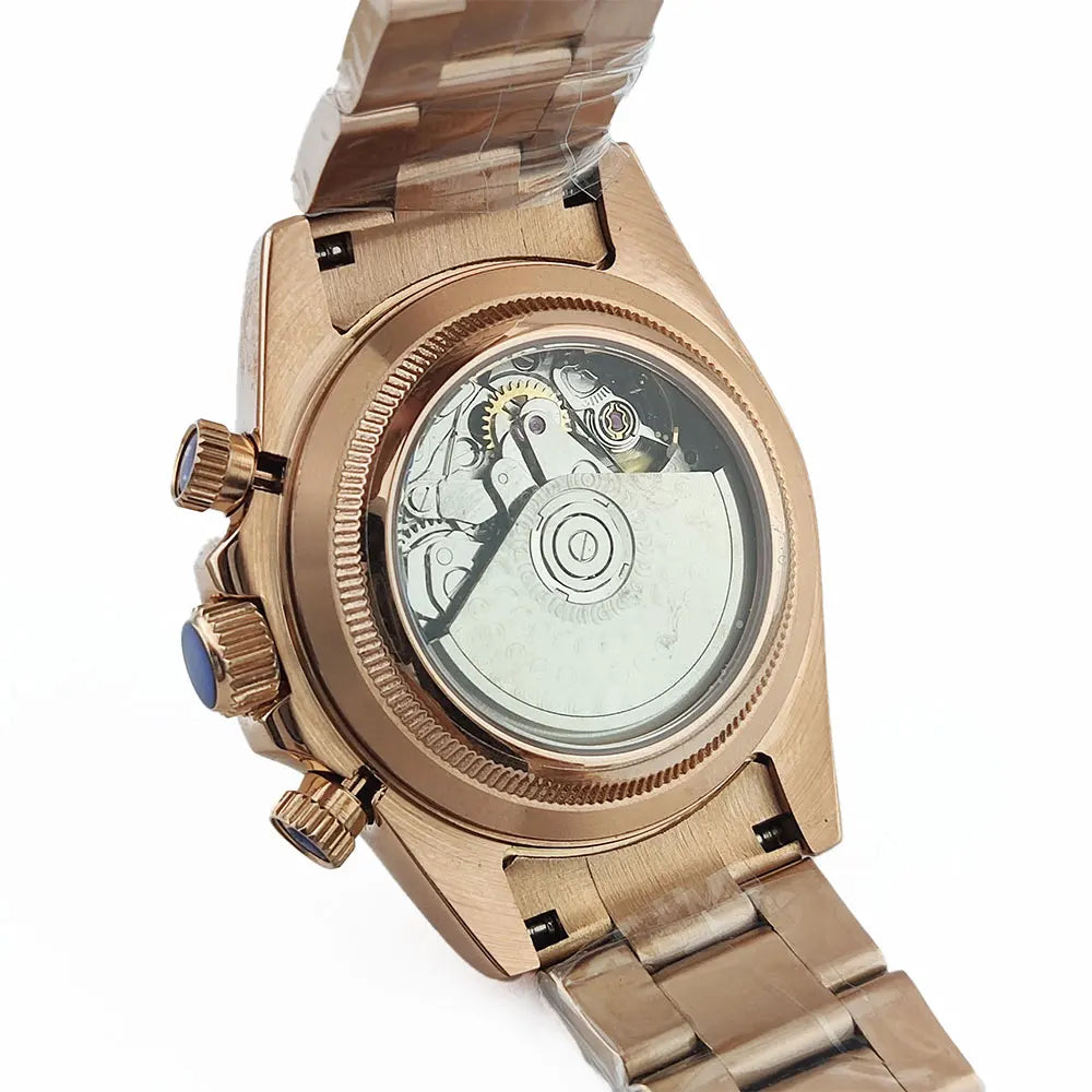Men Automatic Watch 39mm 4130 watch Chronograph Mechanical Wristwatch Sapphire Triple Windows Waterproof Dandong 4130 rose gold