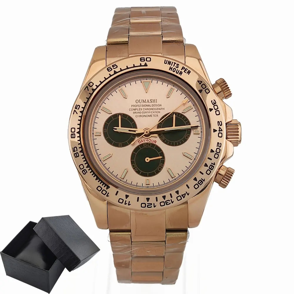 Men Automatic Watch 39mm 4130 watch Chronograph Mechanical Wristwatch Sapphire Triple Windows Waterproof Dandong 4130 rose gold