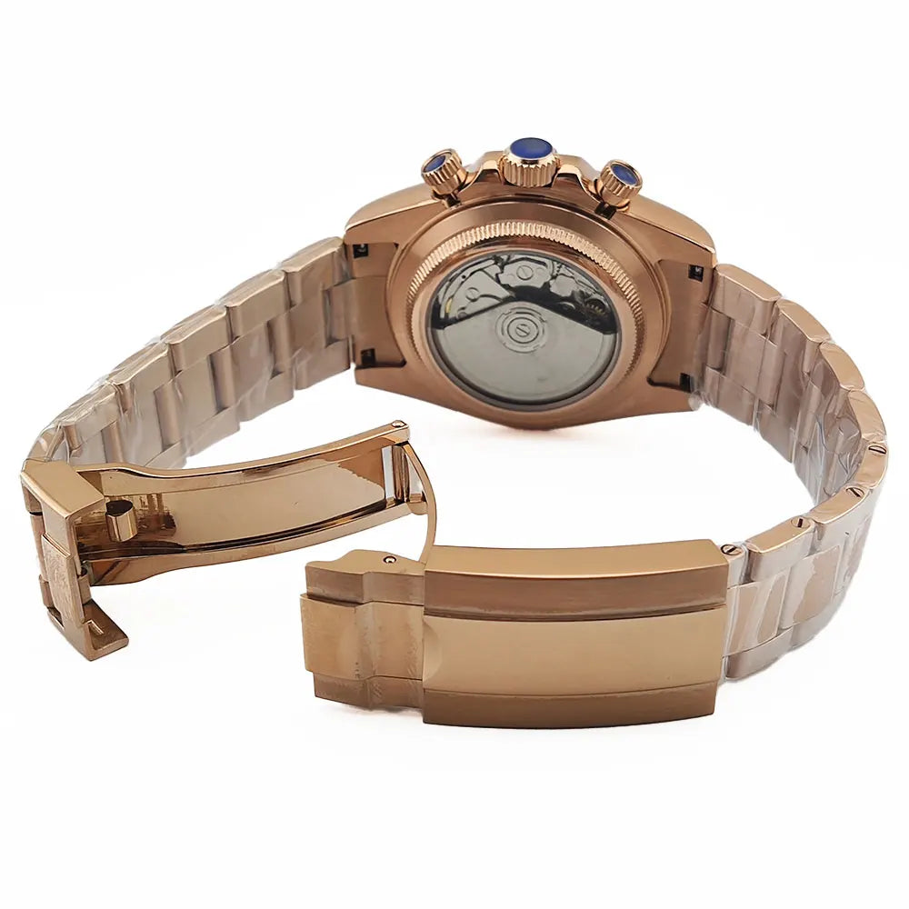 Men Automatic Watch 39mm 4130 watch Chronograph Mechanical Wristwatch Sapphire Triple Windows Waterproof Dandong 4130 rose gold