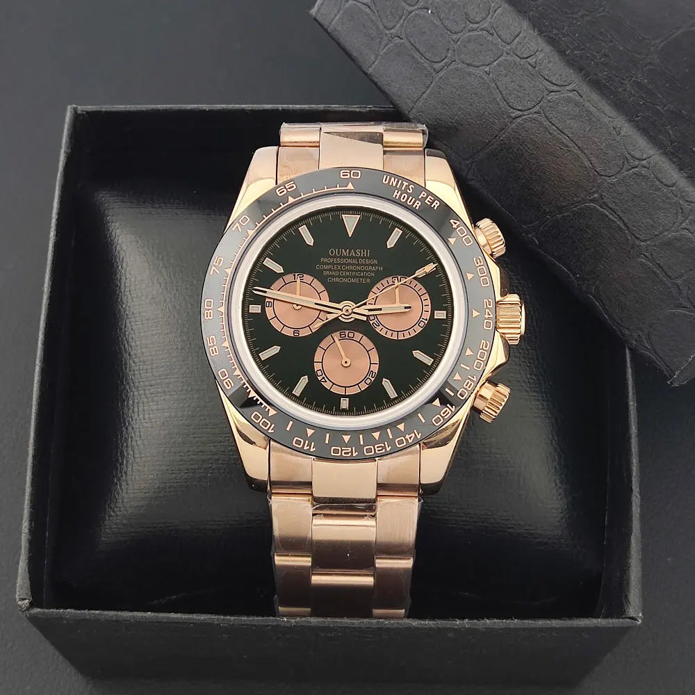 Men Automatic Watch 39mm 4130 watch Chronograph Mechanical Wristwatch Sapphire Triple Windows Waterproof Dandong 4130 rose gold