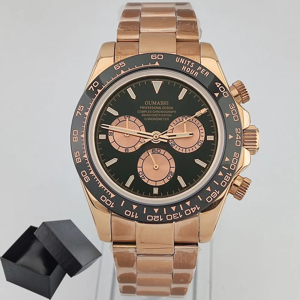 Men Automatic Watch 39mm 4130 watch Chronograph Mechanical Wristwatch Sapphire Triple Windows Waterproof Dandong 4130 rose gold