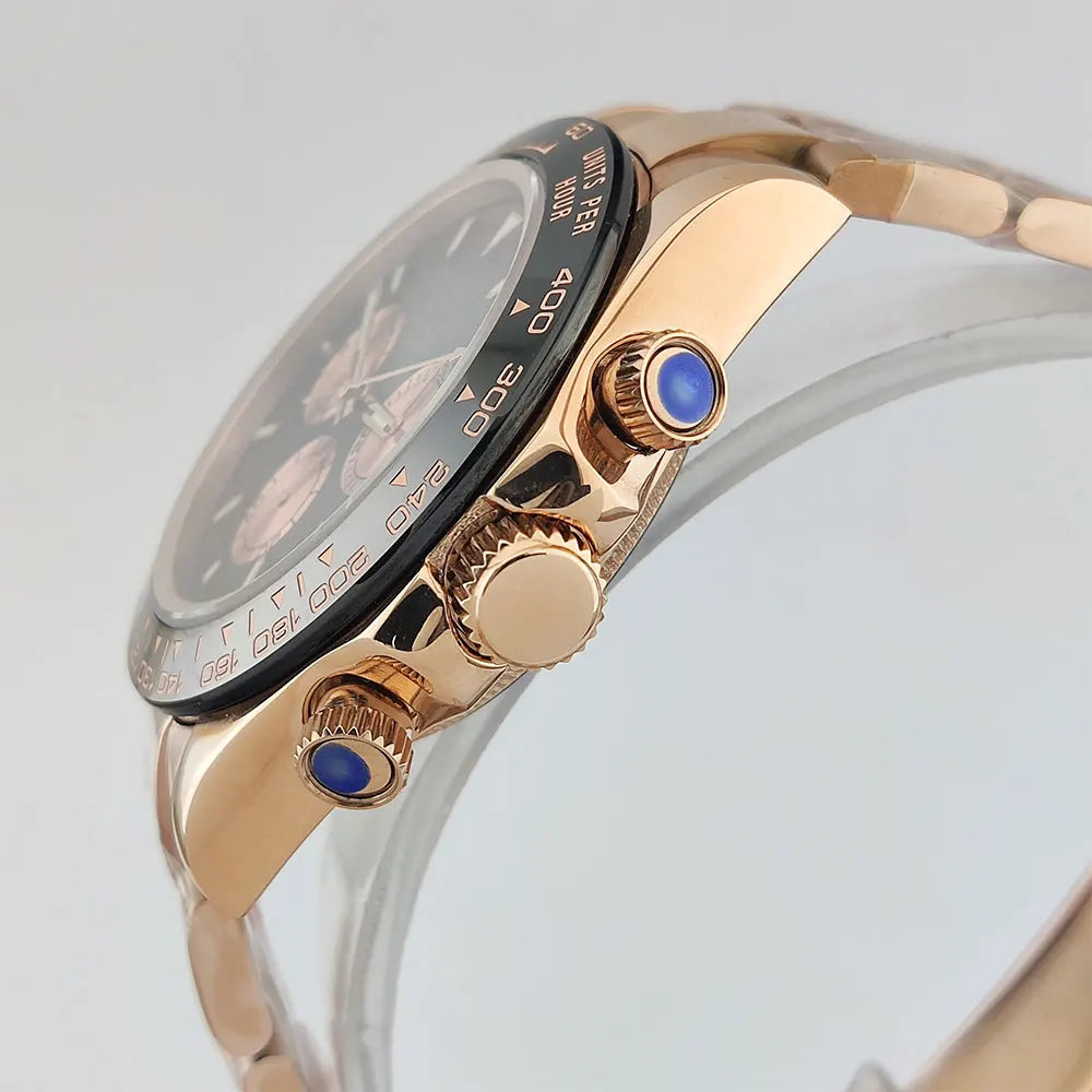Men Automatic Watch 39mm 4130 watch Chronograph Mechanical Wristwatch Sapphire Triple Windows Waterproof Dandong 4130 rose gold