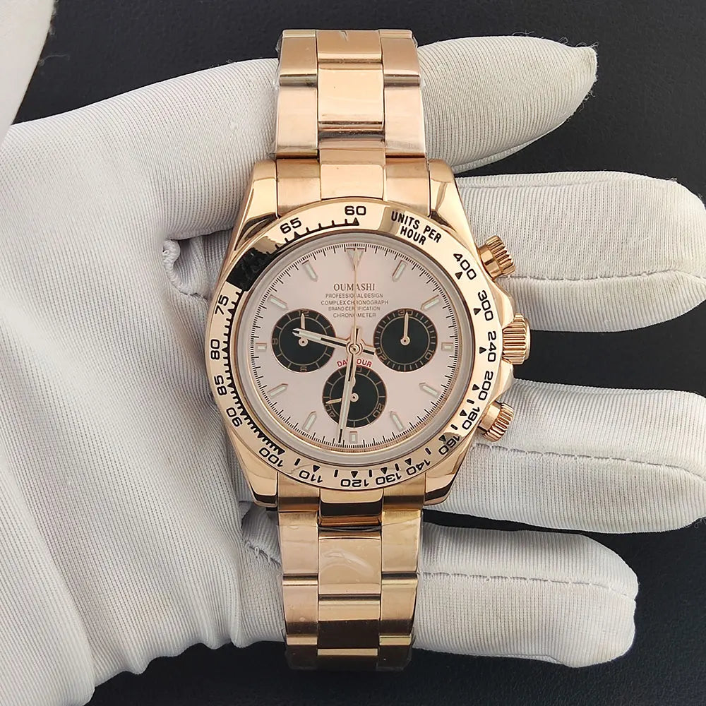 Men Automatic Watch 39mm 4130 watch Chronograph Mechanical Wristwatch Sapphire Triple Windows Waterproof Dandong 4130 rose gold