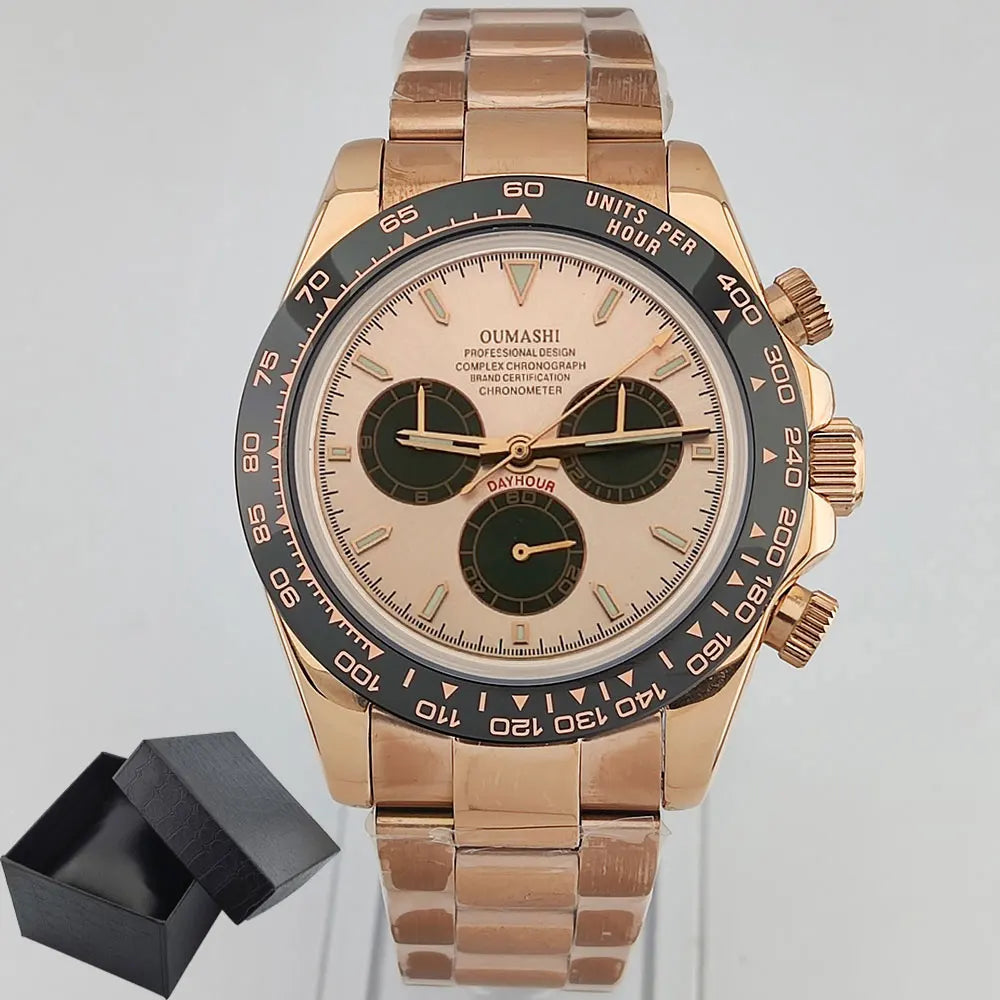 Men Automatic Watch 39mm 4130 watch Chronograph Mechanical Wristwatch Sapphire Triple Windows Waterproof Dandong 4130 rose gold