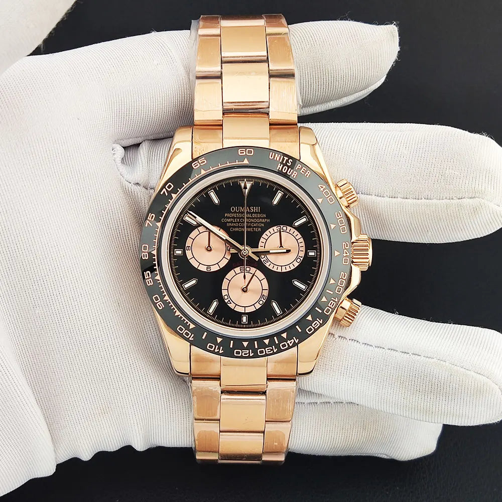 Men Automatic Watch 39mm 4130 watch Chronograph Mechanical Wristwatch Sapphire Triple Windows Waterproof Dandong 4130 rose gold