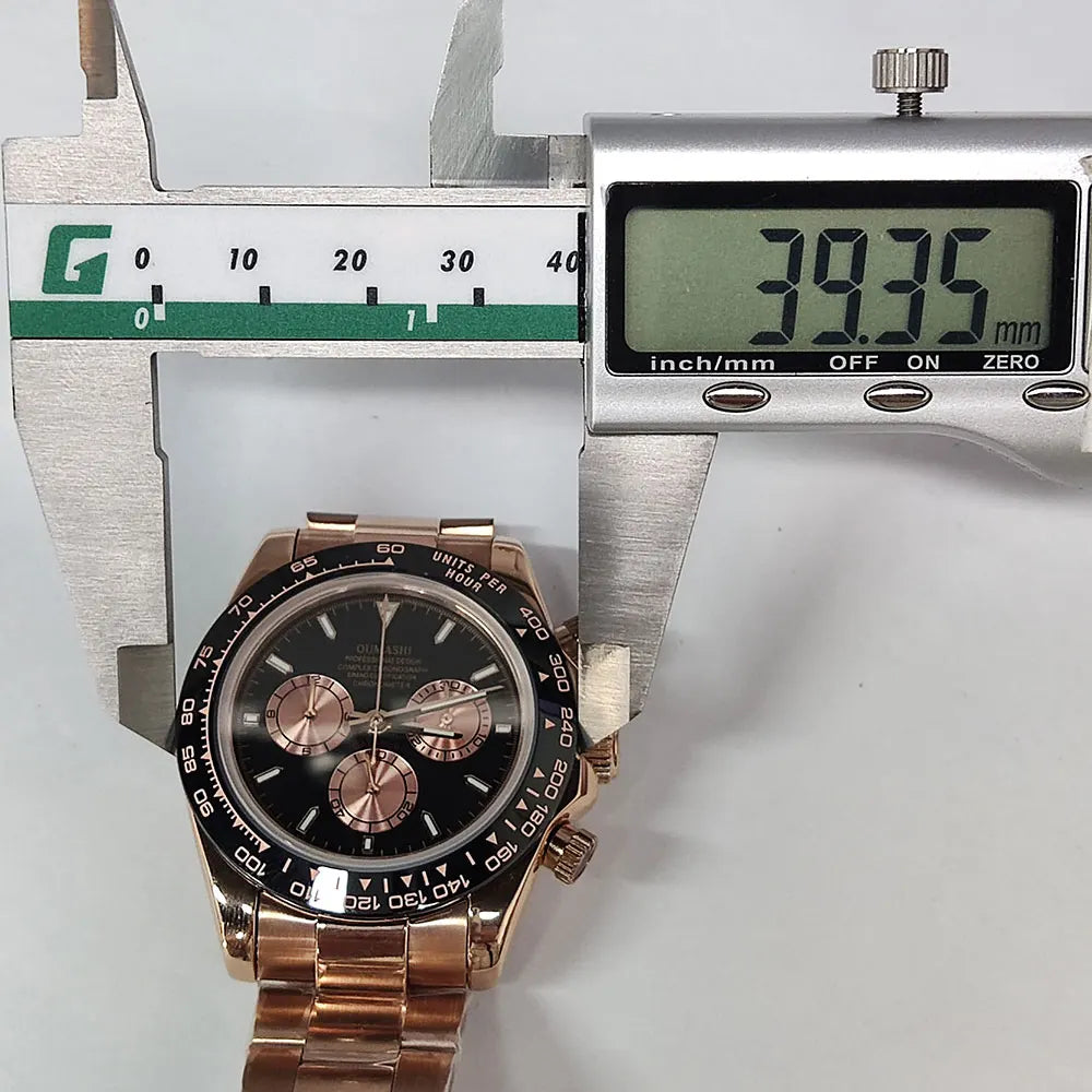 Men Automatic Watch 39mm 4130 watch Chronograph Mechanical Wristwatch Sapphire Triple Windows Waterproof Dandong 4130 rose gold