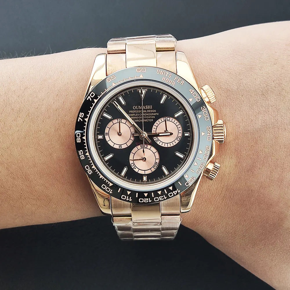 Men Automatic Watch 39mm 4130 watch Chronograph Mechanical Wristwatch Sapphire Triple Windows Waterproof Dandong 4130 rose gold