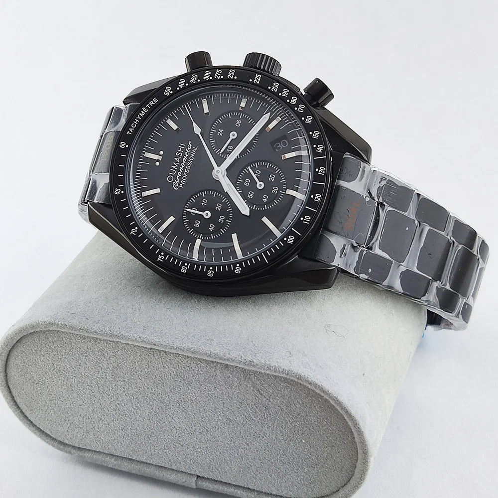 41mm Casual Vk63 Movement Watch Men's waterproof black case OUMASHI Chronograph Calendar Luminous Watch
