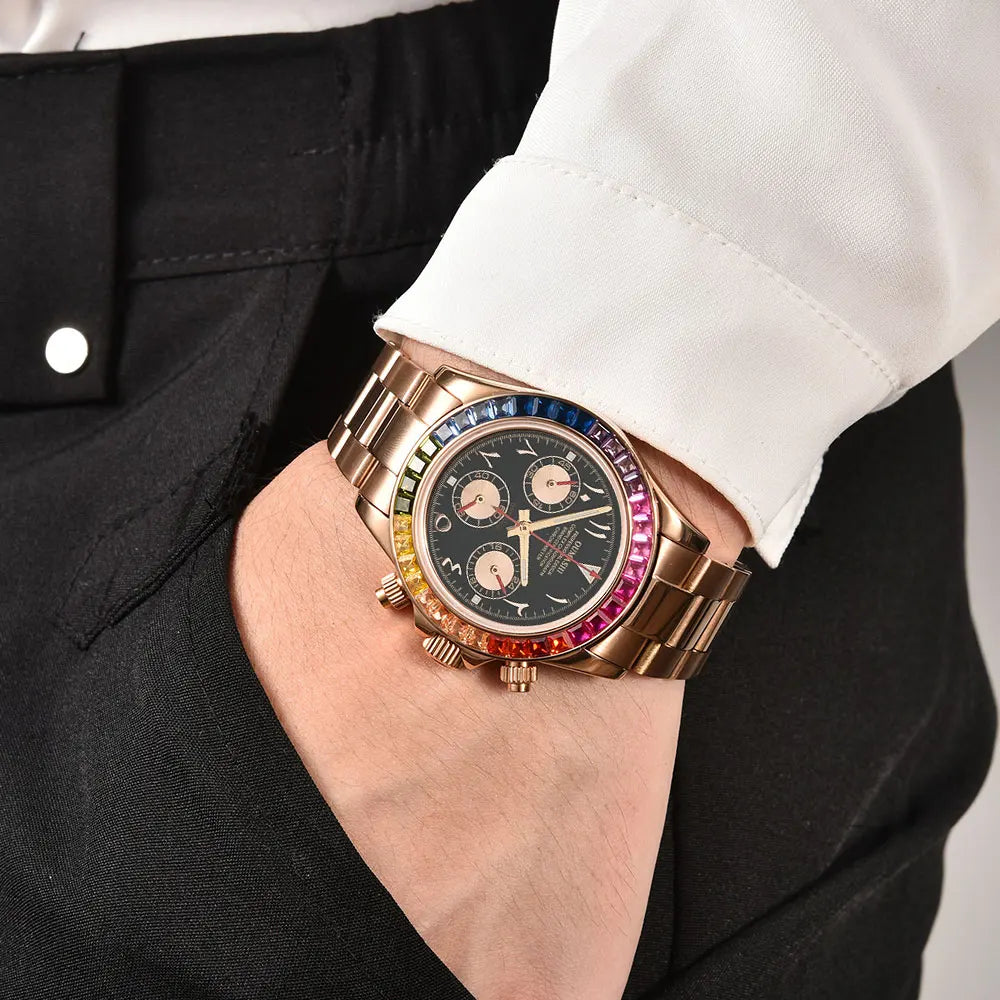 39.3mm vk63 Watches Luxury Watch Men's Chronograph Arabia watch Rainbow bezel Watch Men's VK63 Men's  Waterproof 10ATM