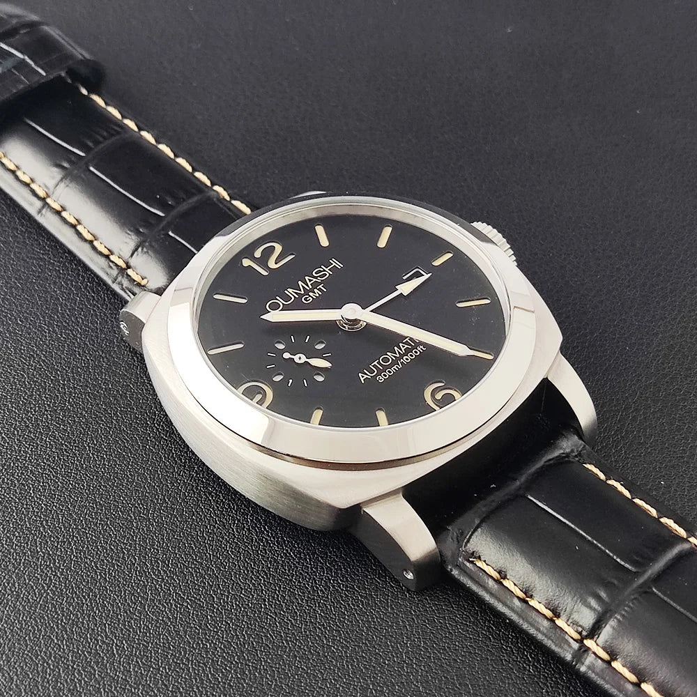 ST2557 Movement watches 45mm Men's watch GMT Stainless Steel case Men's Vintage Mechanical Watch sapphire glass leather bracelet