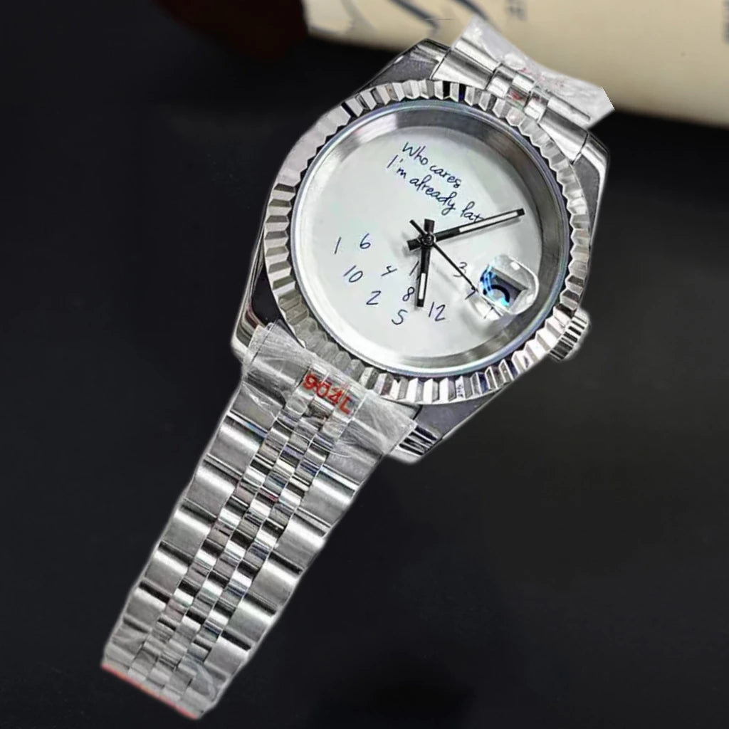 Watch NH series 35 36mm/39mm case Who cares im already late Watch No Logo dial Blue Text Dial Sapphire Glass Luxury men'watch
