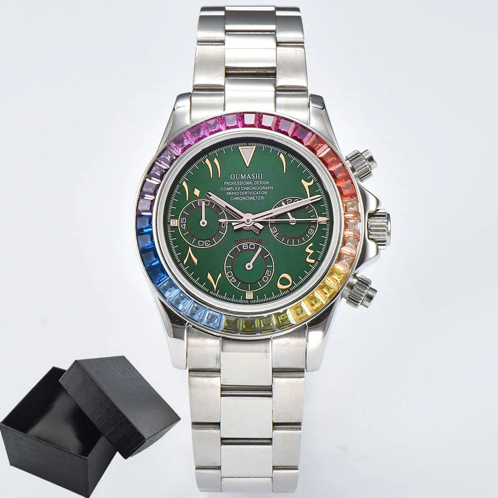 VK63 watch Rainbow Bezel Sport Watch Men Arabic Quartz Stainless Steel 10ATM Waterproof Mens Watch VK63 Sapphire Chronograph