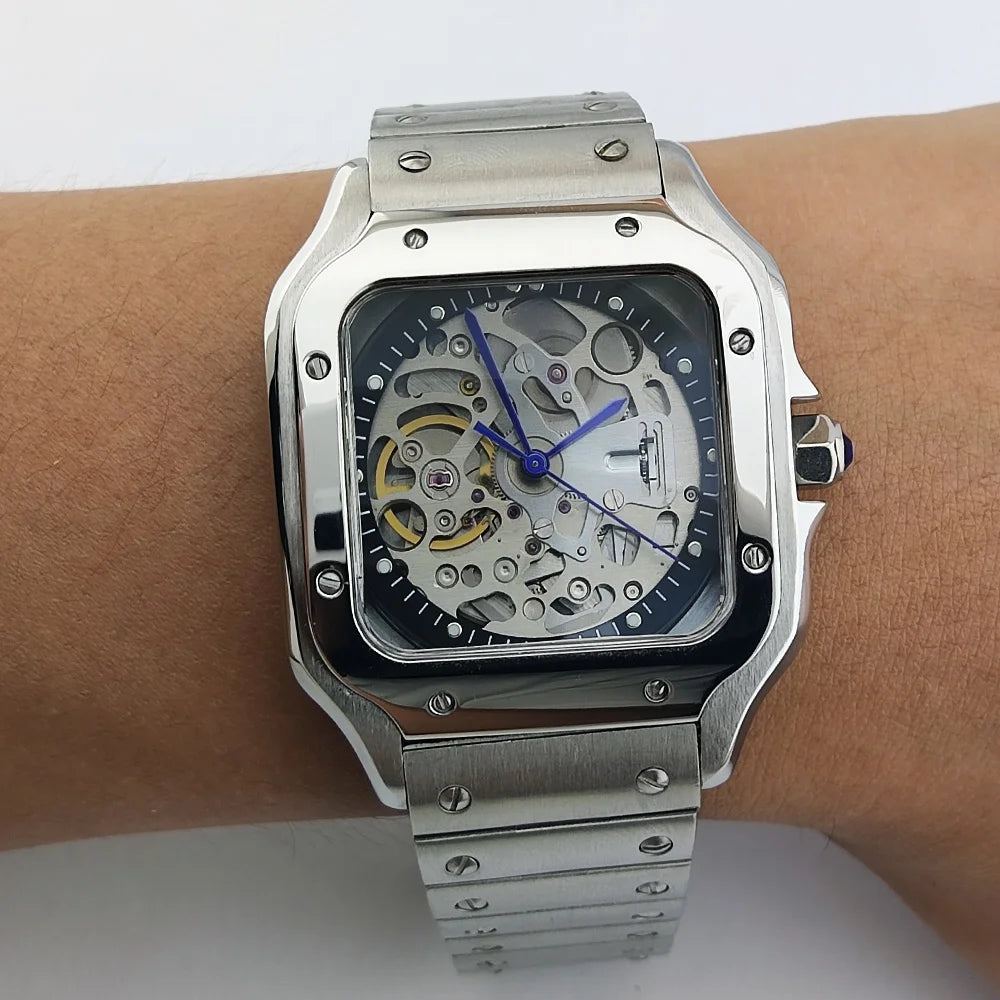Men's mechanical watch, caliber NH70 movement, hollow dial, mineral glass watch, 38 mm, stylish cool man square watch waterproof