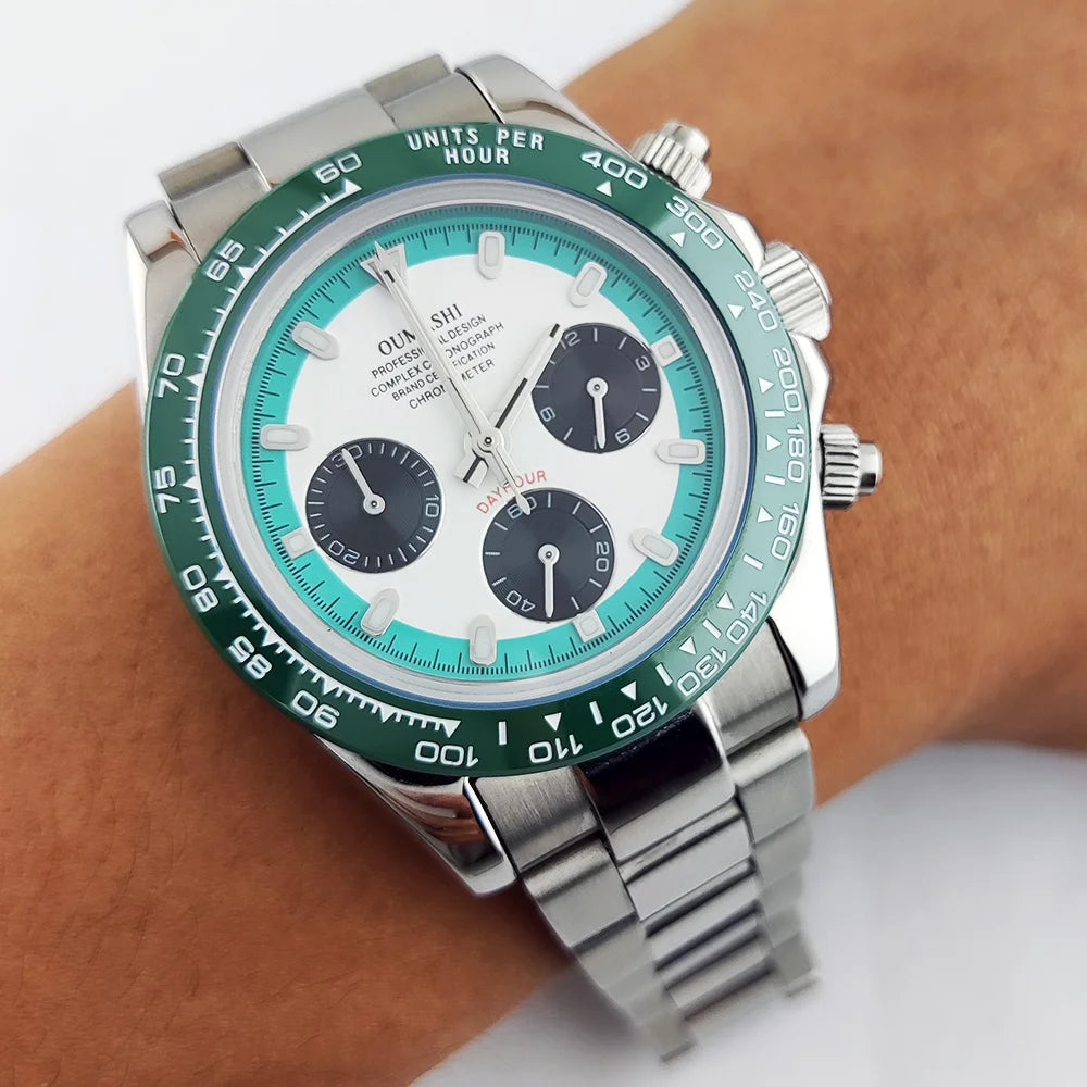 Men's Sports Quartz WatchVK63 Chronograph Sapphire Glass Intense Stainless Steel Green Luminance Waterproof  10BAR Velcro strap