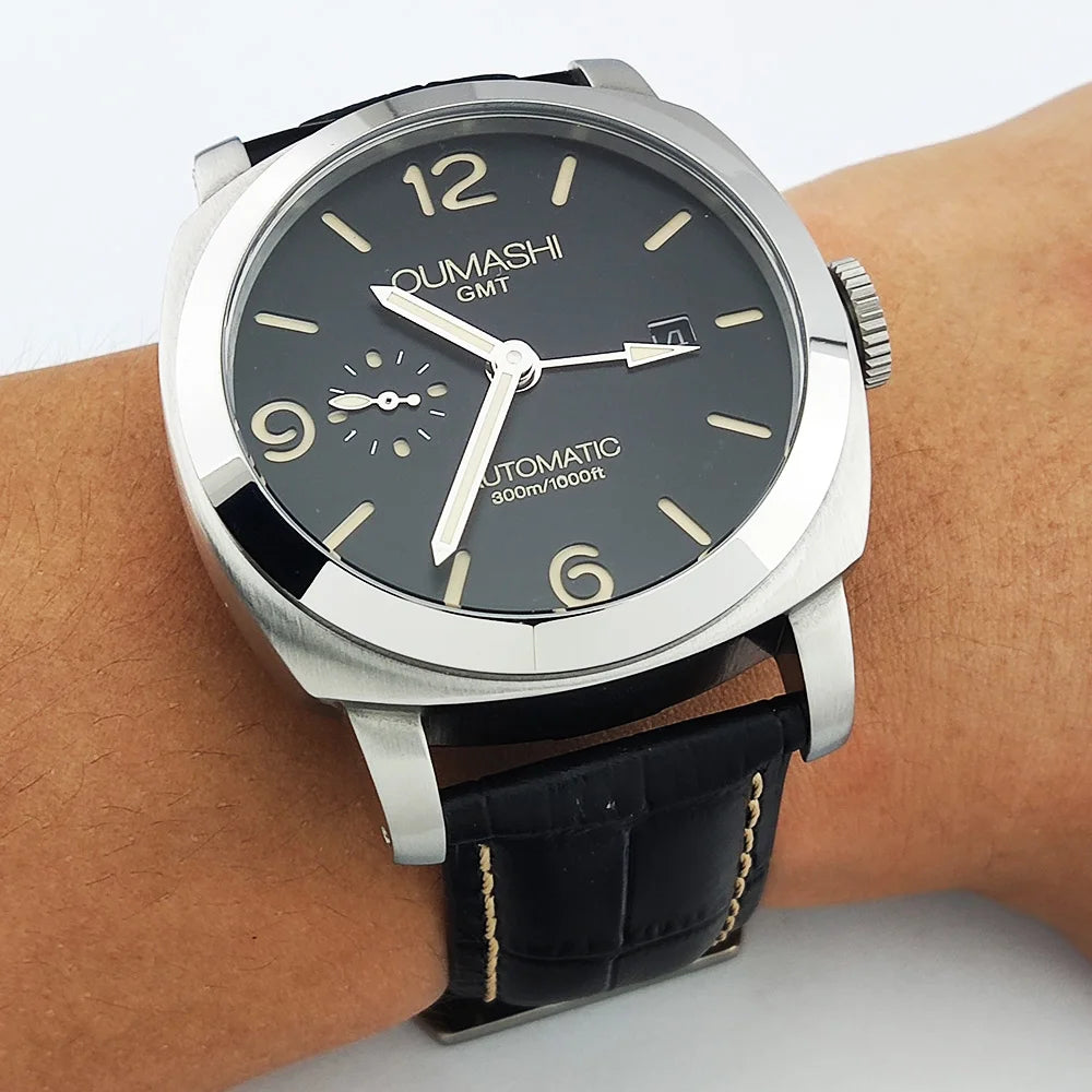 ST2557 Movement watches 45mm Men's watch GMT Stainless Steel case Men's Vintage Mechanical Watch sapphire glass leather bracelet
