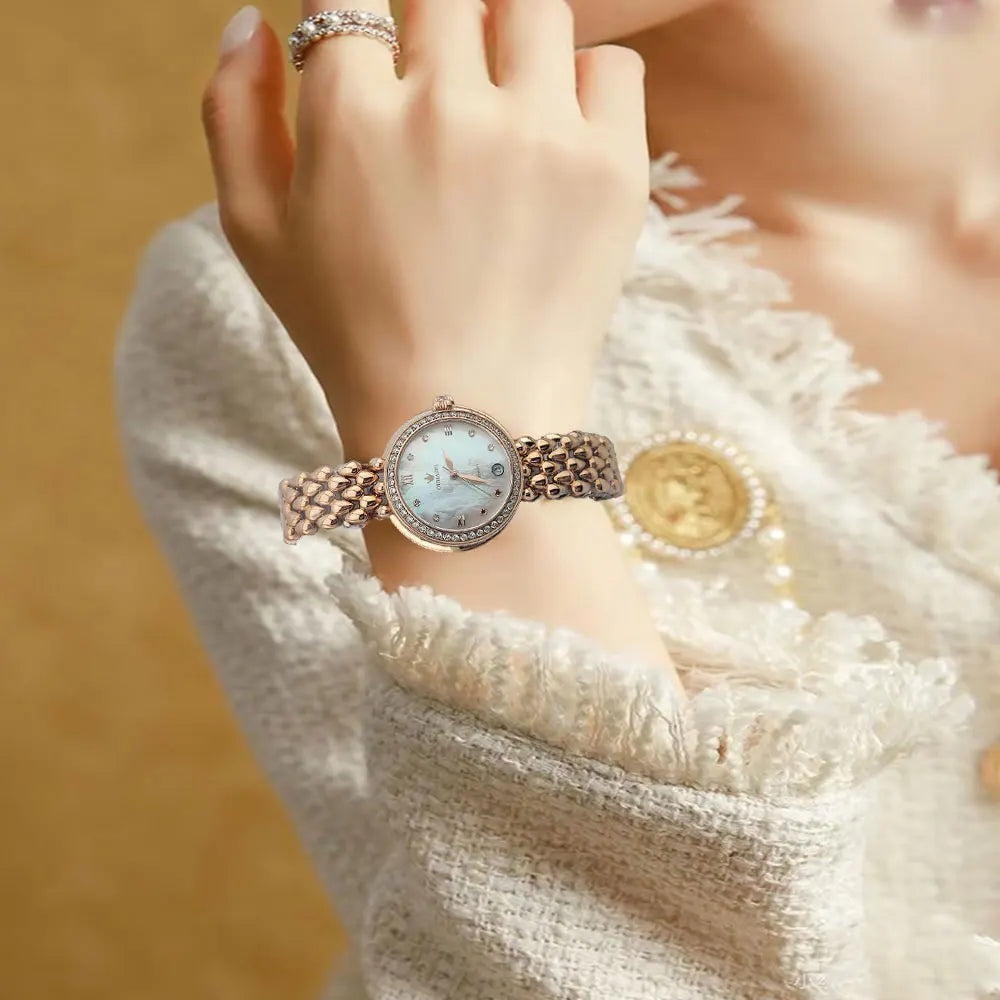 Women's Wristwatch Automatic Mechanical Watch Women Diamond Calendar Dial Stainless Steel Waterproof Luminous Elegant Butterfly