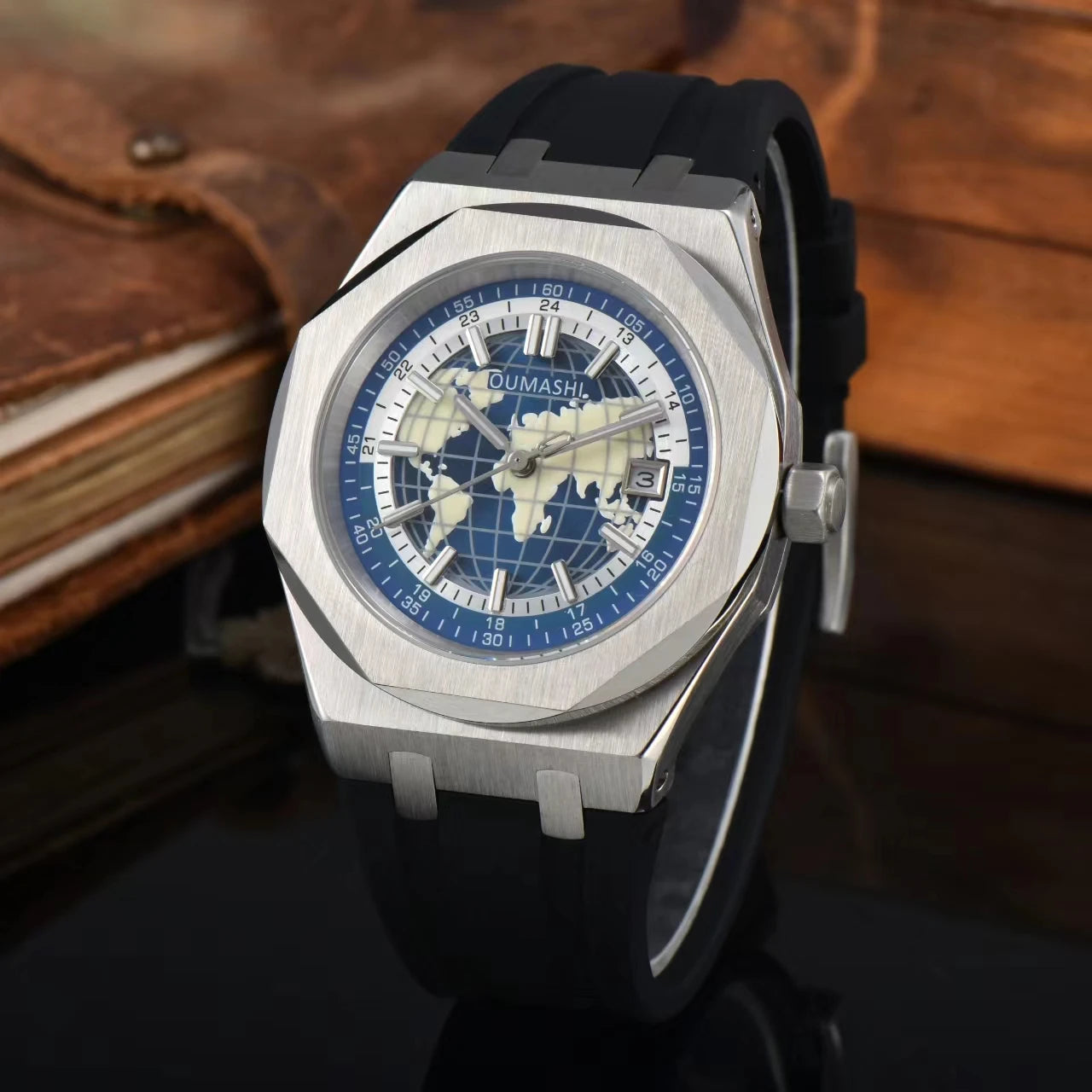 Miyota8215 Luxury Watch Globe Men's Date Glow C3 Watch Sapphire Glass Waterproof 100 meter Rubber Band and Steel Ban