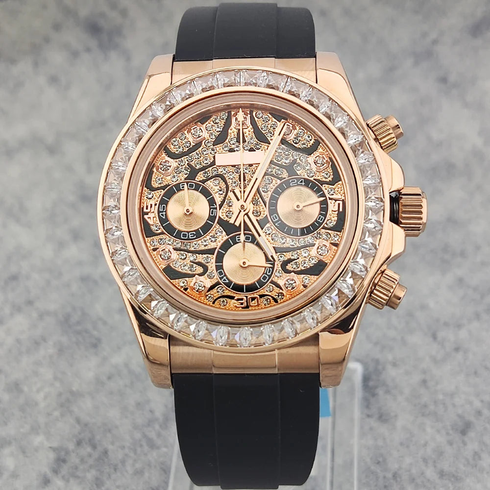39.3mm Luxury men's Watch VK63 Dial Gemstone Men's Brand Chronograph VK63 sapphire glass Tiger diamond dial