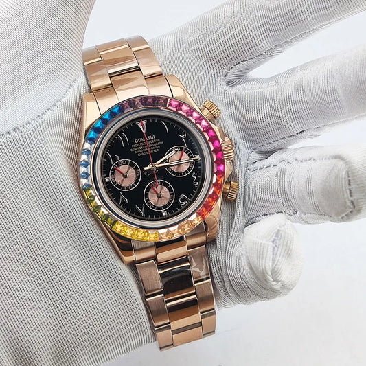 39.3mm vk63 Watches Luxury Watch Men's Chronograph Arabia watch Rainbow bezel Watch Men's VK63 Men's  Waterproof 10ATM